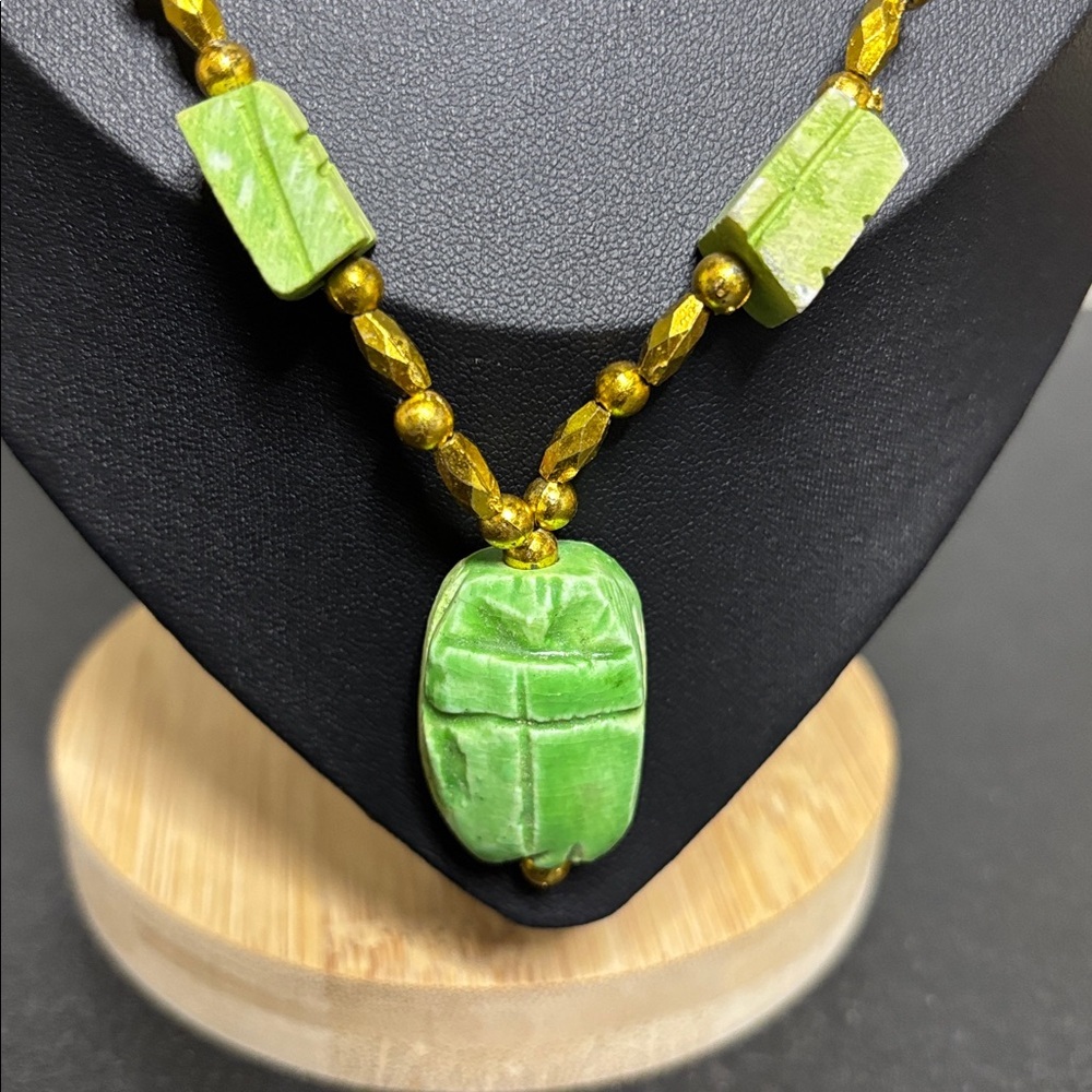 Scarab Rock Beaded Lime Green Gold Necklace - Picture 2 of 7